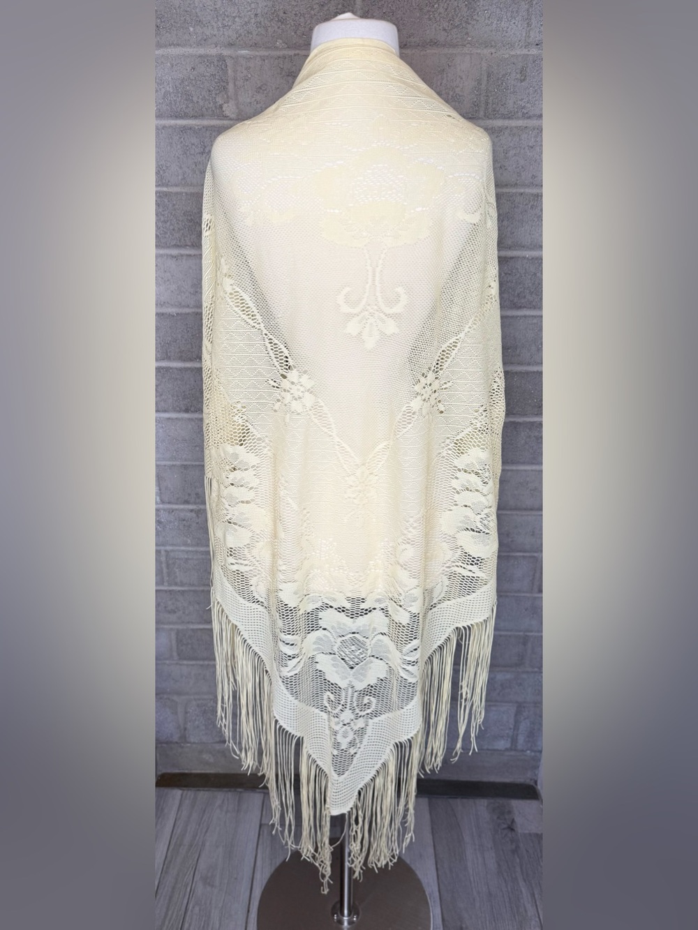 Vintage Yellow Ivory Floral Lace Fringe Shawl Wrap Made Japan Boho Bridal Scarf